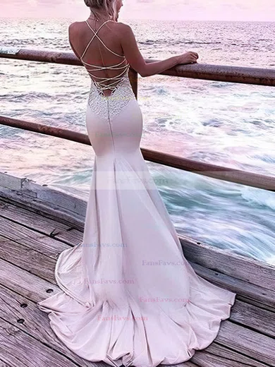 Trumpet/Mermaid V-neck Lace Silk-like Satin Sweep Train Appliques Lace Prom Dresses #Favs020108157