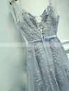 A-line V-neck Lace Tulle Sweep Train Appliques Lace Prom Dresses #Favs020108161