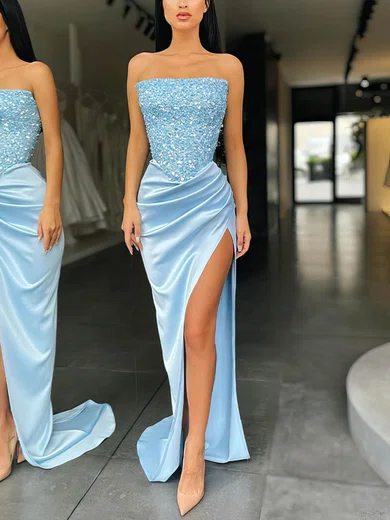 Sheath/Column Strapless Silk-like Satin Sweep Train Beading Prom Dresses #Favs020108204