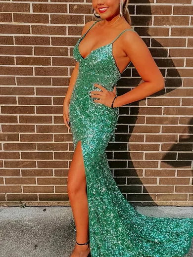 Trumpet/Mermaid V-neck Sequined Sweep Train Split Front Prom Dresses #Favs020108164