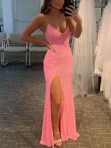 Sheath/Column V-neck Sequined Sweep Train Split Front Prom Dresses #Favs020108168