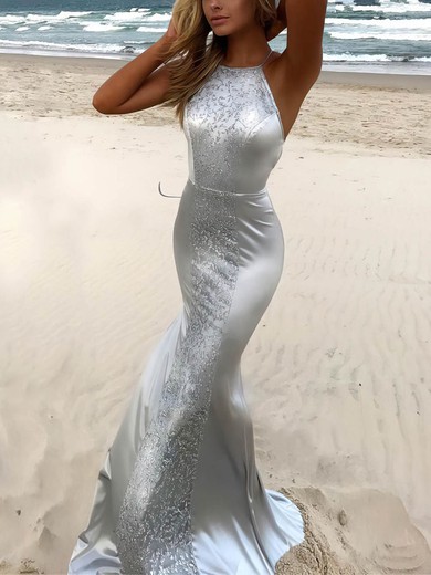 Trumpet/Mermaid Scoop Neck Silk-like Satin Sweep Train Lace Prom Dresses #Favs020105251