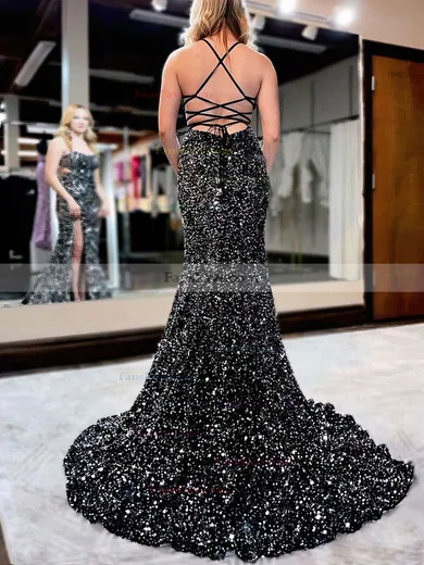 Trumpet/Mermaid Square Neckline Sequined Sweep Train Split Front Prom Dresses #Favs020108172