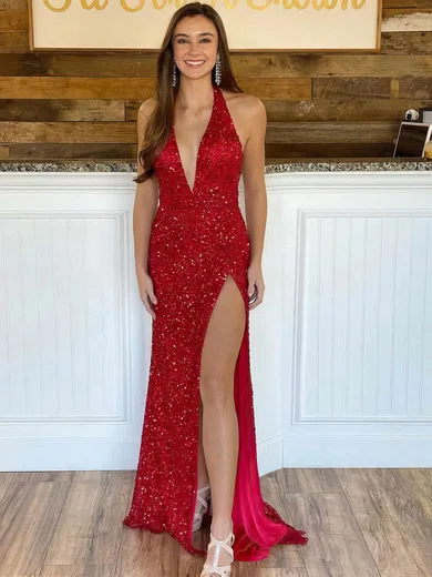 Sheath/Column Halter Sequined Sweep Train Split Front Prom Dresses #Favs020108173