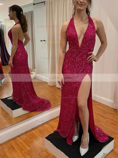 Sheath/Column Halter Sequined Sweep Train Split Front Prom Dresses #Favs020108173