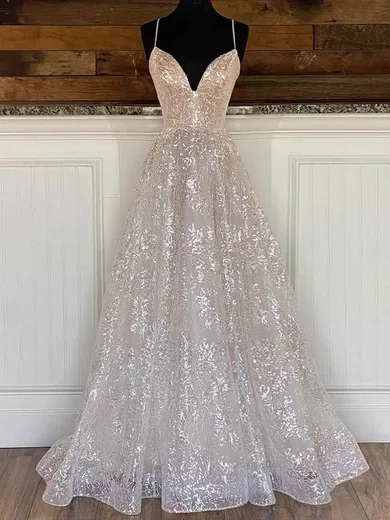 A-line V-neck Sequined Sweep Train Prom Dresses #Favs020108179