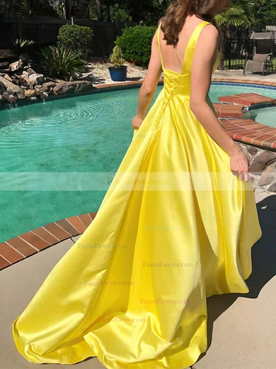 A-line V-neck Satin Sweep Train Pockets Prom Dresses #Favs020108181