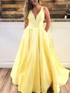 A-line V-neck Satin Sweep Train Pockets Prom Dresses #Favs020108181