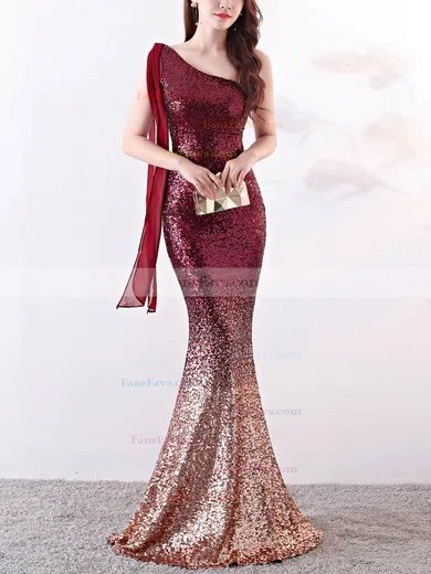 Trumpet/Mermaid One Shoulder Sequined Sweep Train Prom Dresses #Favs020108186