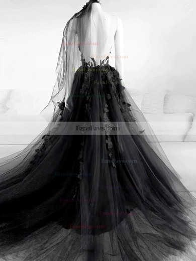 A-line Scoop Neck Tulle Sweep Train Appliques Lace Prom Dresses #Favs020108188