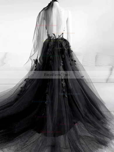 A-line Scoop Neck Tulle Sweep Train Appliques Lace Prom Dresses #Favs020108188