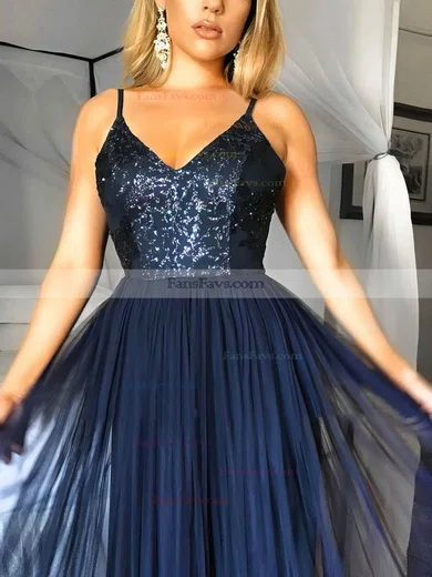 A-line V-neck Tulle Floor-length Sequins Prom Dresses #Favs020105254