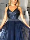 A-line V-neck Tulle Floor-length Sequins Prom Dresses #Favs020105254
