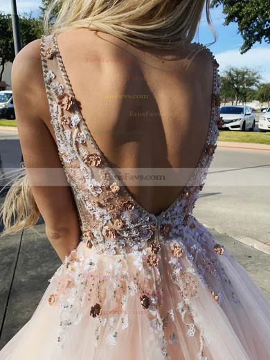Ball Gown V-neck Tulle Sweep Train Beading Prom Dresses #Favs020108193
