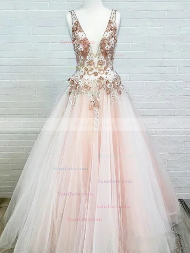 Ball Gown V-neck Tulle Sweep Train Beading Prom Dresses #Favs020108193