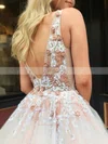 Ball Gown V-neck Tulle Sweep Train Beading Prom Dresses #Favs020108193