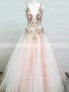 Ball Gown V-neck Tulle Sweep Train Beading Prom Dresses #Favs020108193