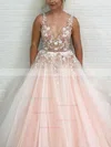 Ball Gown V-neck Tulle Sweep Train Beading Prom Dresses #Favs020108193