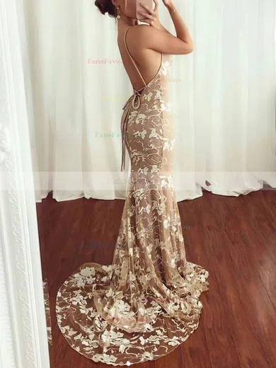 Trumpet/Mermaid V-neck Lace Sweep Train Prom Dresses #Favs020108195