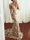 Trumpet/Mermaid V-neck Lace Sweep Train Prom Dresses #Favs020108195