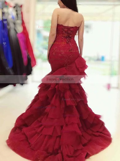 Trumpet/Mermaid Sweetheart Satin Tulle Sweep Train Appliques Lace Prom Dresses #Favs020108197
