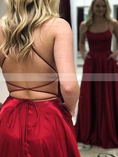 A-line Square Neckline Silk-like Satin Sweep Train Pockets Prom Dresses #Favs020108213