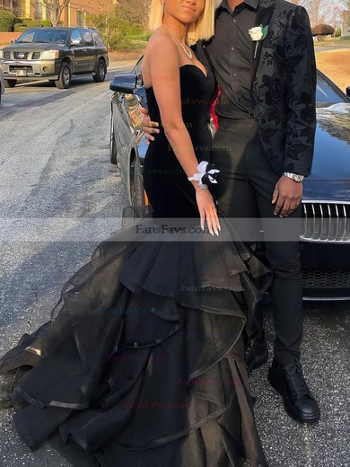 Trumpet/Mermaid Sweetheart Tulle Velvet Sweep Train Tiered Prom Dresses #Favs020108218