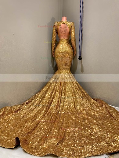 Trumpet/Mermaid V-neck Sequined Sweep Train Beading Prom Dresses #Favs020108229