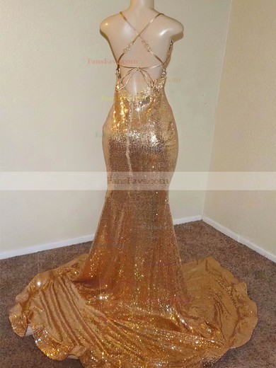 Trumpet/Mermaid V-neck Sequined Sweep Train Split Front Prom Dresses #Favs020108231