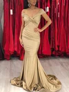 Trumpet/Mermaid Off-the-shoulder Silk-like Satin Sweep Train Ruffles Prom Dresses #Favs020108252