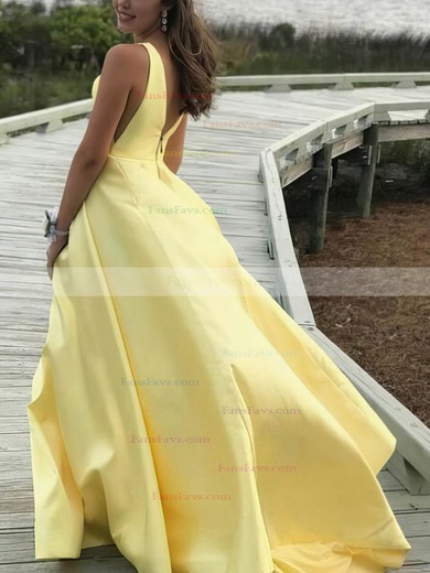 A-line V-neck Satin Sweep Train Prom Dresses #Favs020108262