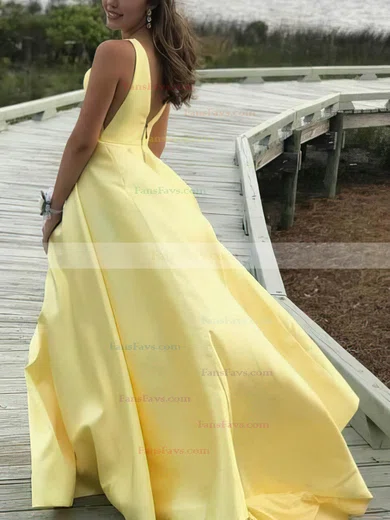 A-line V-neck Satin Sweep Train Prom Dresses #Favs020108262