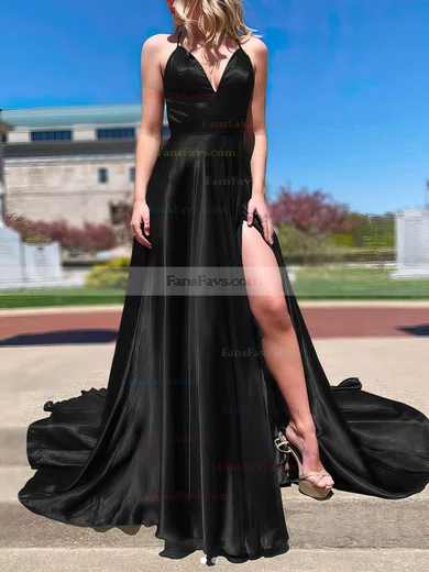A-line V-neck Silk-like Satin Sweep Train Split Front Prom Dresses #Favs020108266