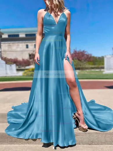 A-line V-neck Silk-like Satin Sweep Train Split Front Prom Dresses #Favs020108266