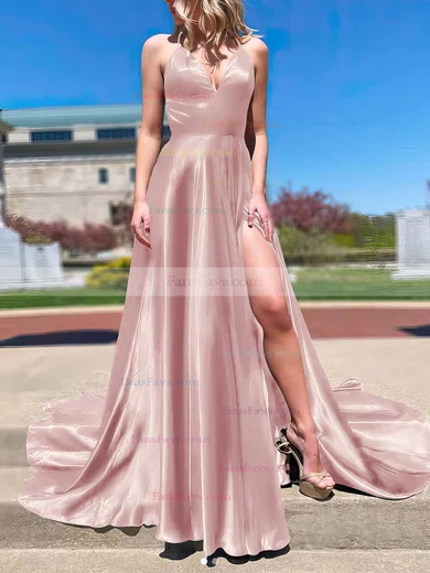 A-line V-neck Silk-like Satin Sweep Train Split Front Prom Dresses #Favs020108266