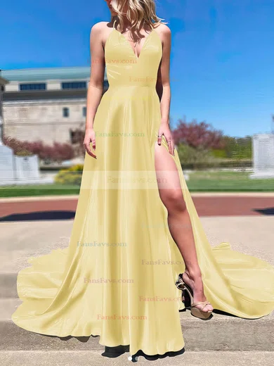 A-line V-neck Silk-like Satin Sweep Train Split Front Prom Dresses #Favs020108266