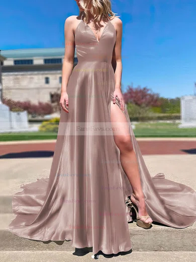 A-line V-neck Silk-like Satin Sweep Train Split Front Prom Dresses #Favs020108266