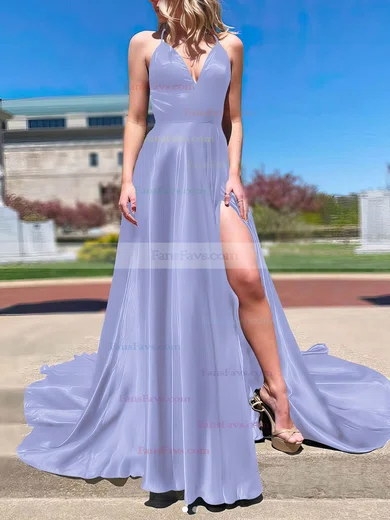 A-line V-neck Silk-like Satin Sweep Train Split Front Prom Dresses #Favs020108266