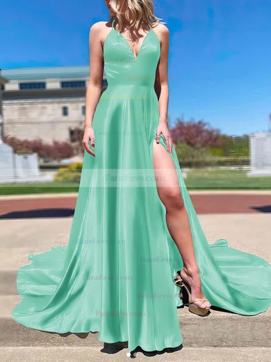 A-line V-neck Silk-like Satin Sweep Train Split Front Prom Dresses #Favs020108266