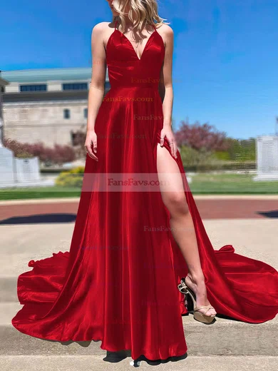 A-line V-neck Silk-like Satin Sweep Train Split Front Prom Dresses #Favs020108266