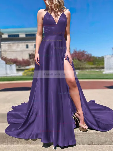 A-line V-neck Silk-like Satin Sweep Train Split Front Prom Dresses #Favs020108266