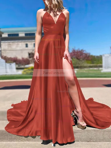 A-line V-neck Silk-like Satin Sweep Train Split Front Prom Dresses #Favs020108266