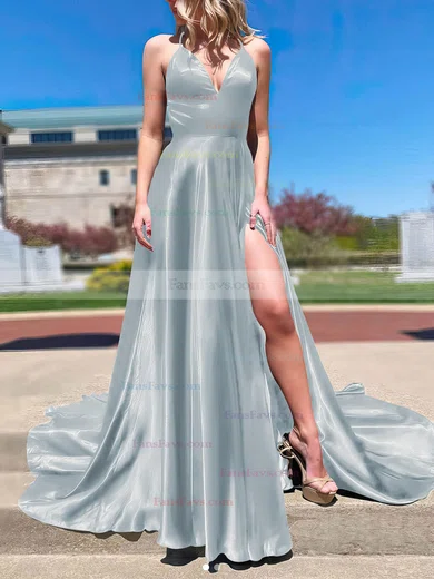 A-line V-neck Silk-like Satin Sweep Train Split Front Prom Dresses #Favs020108266