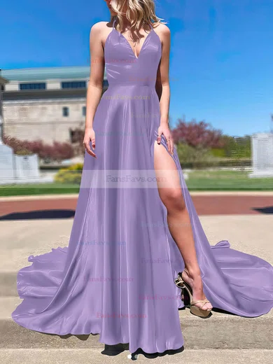 A-line V-neck Silk-like Satin Sweep Train Split Front Prom Dresses #Favs020108266
