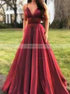 A-line V-neck Silk-like Satin Sweep Train Split Front Prom Dresses #Favs020108266
