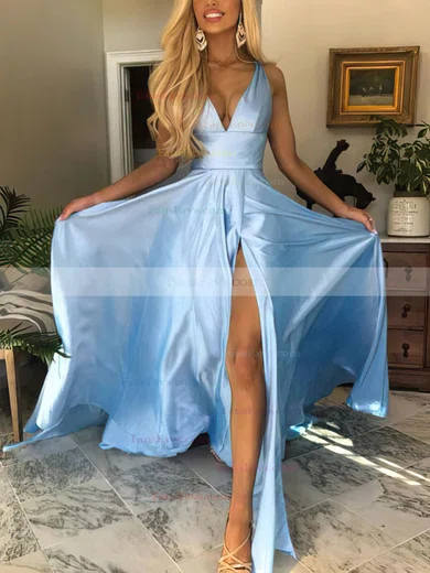 A-line V-neck Silk-like Satin Sweep Train Split Front Prom Dresses #Favs020108267