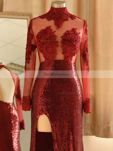 Sheath/Column High Neck Tulle Sequined Sweep Train Appliques Lace Prom Dresses #Favs020108281