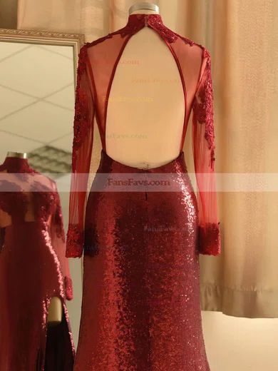 Sheath/Column High Neck Tulle Sequined Sweep Train Appliques Lace Prom Dresses #Favs020108281