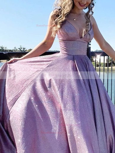 A-line V-neck Glitter Sweep Train Prom Dresses #Favs020108282
