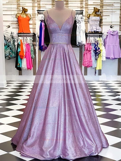 A-line V-neck Glitter Sweep Train Prom Dresses #Favs020108282